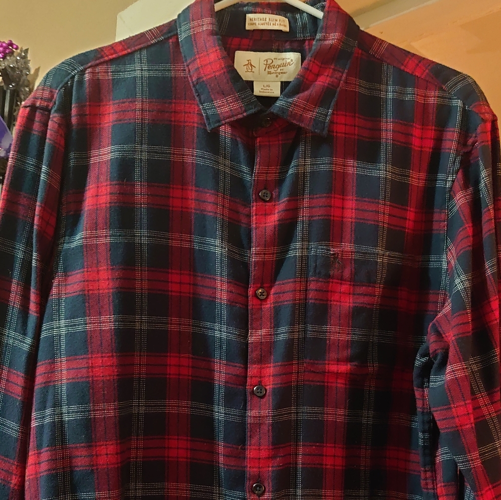 Men's Original Penguin long sleeve plaid shirt.
